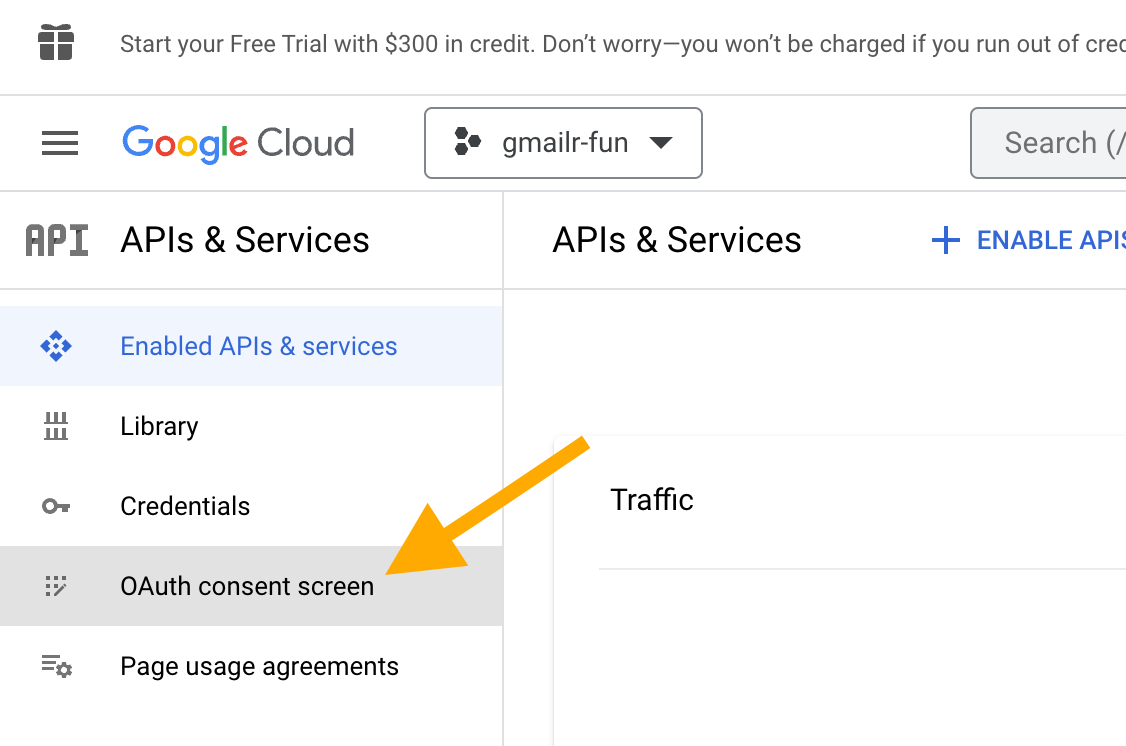 Screenshot with an arrow pointing at 'OAuth consent screen' within 'APIs & Services' in a left sidebar.