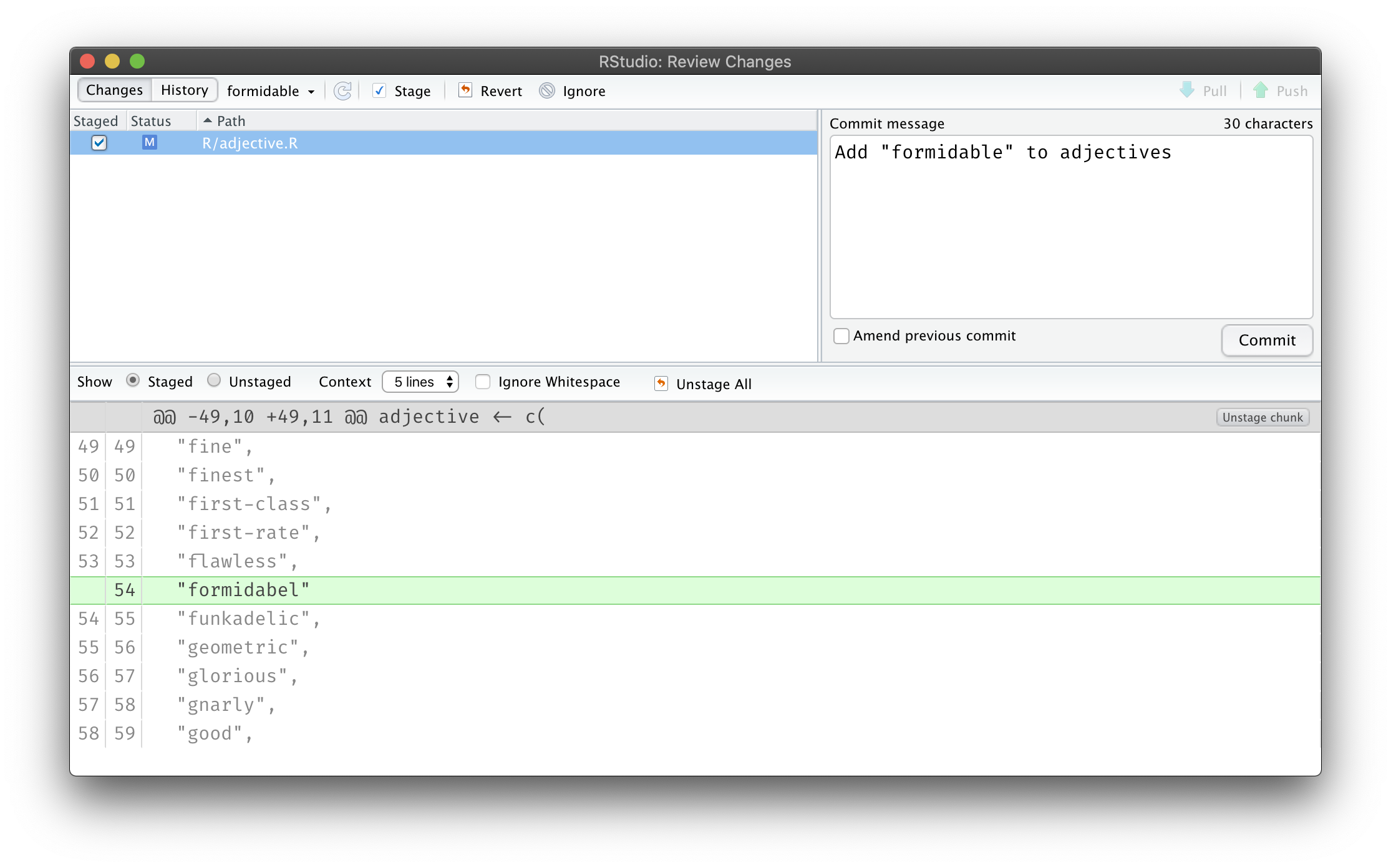 Screenshot of the RStudio Git pane showing the file R/adjective.R staged for a commit. The preview of the file highlights the addition of the line formidabel, with no comma at the end of the line. The Commit message says Add formidable to adjectives.